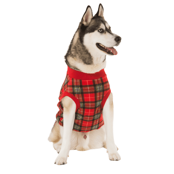 Super soft microfleece Hamish McBeth Red Tartan dog Pyjamas are the best dog clothes to keep your pooch snuggly and warm. Sleep with them or walk out in style. Sizing from puppies to big dogs. Matching tartan red blanket available.