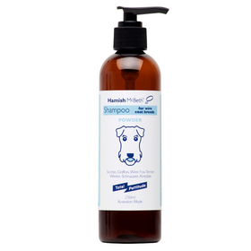 Hamish McBeth All Natural Terrier & Wire coat dog shampoo concentrate with Rosemary essential oils and baby powder extract fragrance. Naturally based antioxidant used for optical brightening the coat and highlighting natural colours. Free of phosphates, parabens, sulphate, enzymes and soap. 250mL