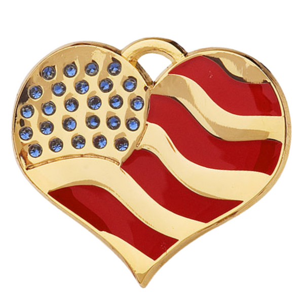 Hamish McBeth beautifully designed with the USA stars and stripes showcasing blue Czech crystals with the heart-shaped tag.  Custom designed, durable, rustproof, heavy duty metal with protective coating. Free laser engraving with a polished mirror finish and split ring included. Available in gold or silver. Size: 3 x 2.2cm