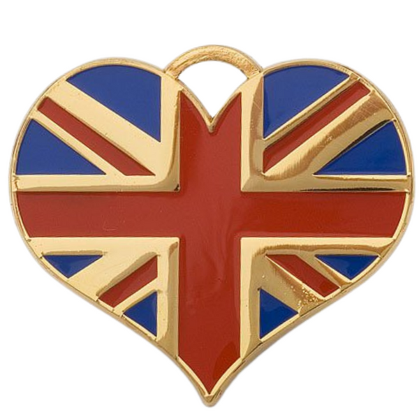 Hamish McBeth hand enameled heart-shaped pet ID tag for the UK patriots. Custom designed, durable, rustproof, heavy duty metal with protective coating. Free laser engraving with a polished mirror finish and split ring included. Available in gold or silver. Size: 3 x 2.2cm