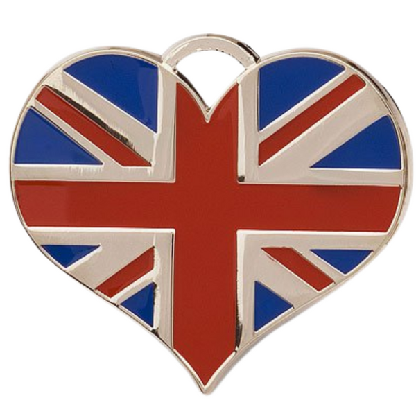 Hamish McBeth hand enameled heart-shaped pet ID tag for the UK patriots. Custom designed, durable, rustproof, heavy duty metal with protective coating. Free laser engraving with a polished mirror finish and split ring included. Available in gold or silver. Size: 3 x 2.2cm